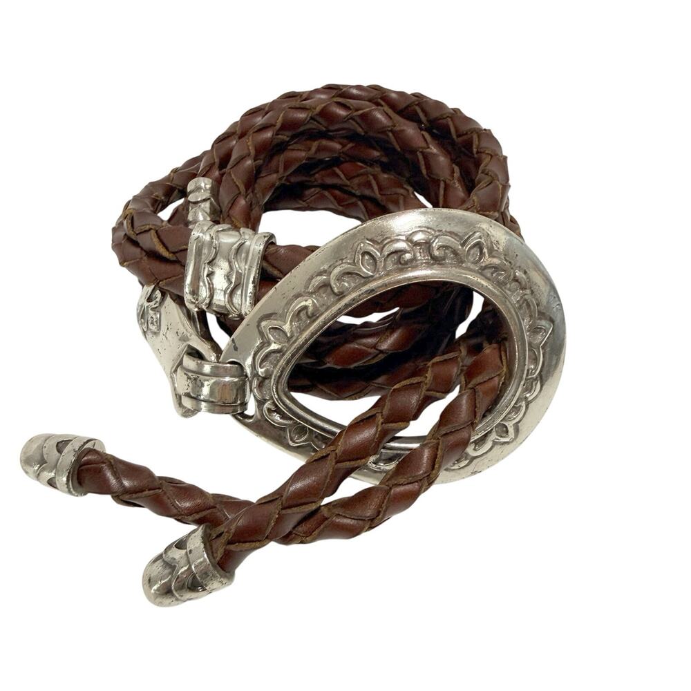 Vintage Western Style Braided Rope Hip Belt with Silver Buckle Brown Silver